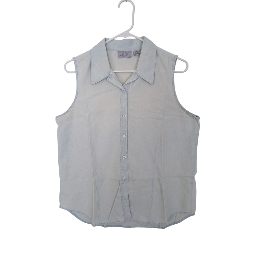 Paul Harris Denim Sleeveless Button Down Shirt Light Wash Blue Cotton Large‎